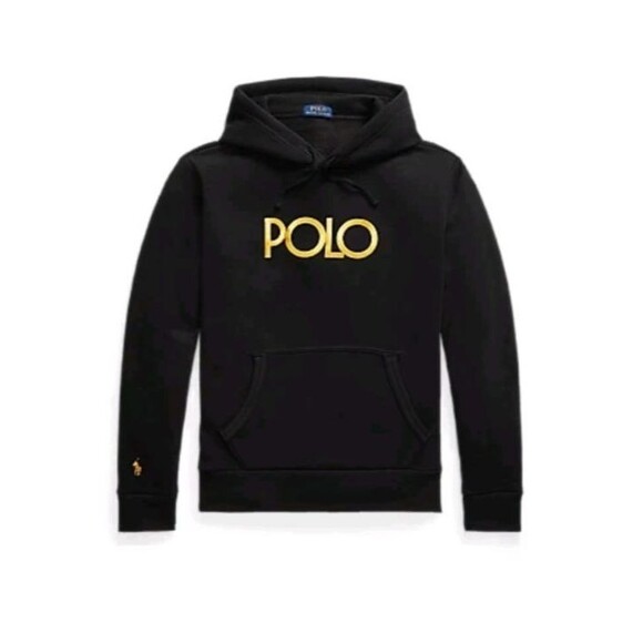 Polo Ralph Lauren Hoodie Sweatshirt Mens XXL Black Gold Logo Fleece Designer - Picture 1 of 8